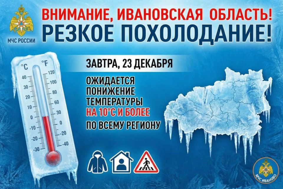Коротко о погоде. По сообщению Ивановского центра по гидрометеорологии и мониторингу окружающей среды, 23 декабря на территории Ивановской области ожидается резкое понижение температуры воздуха на 10 °С и более