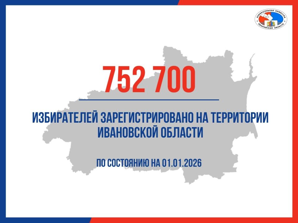 По данным ГАС «Выборы», численность избирателей, зарегистрированных на территории Ивановской области на 1 января 2026 года, составила 752 700 человек