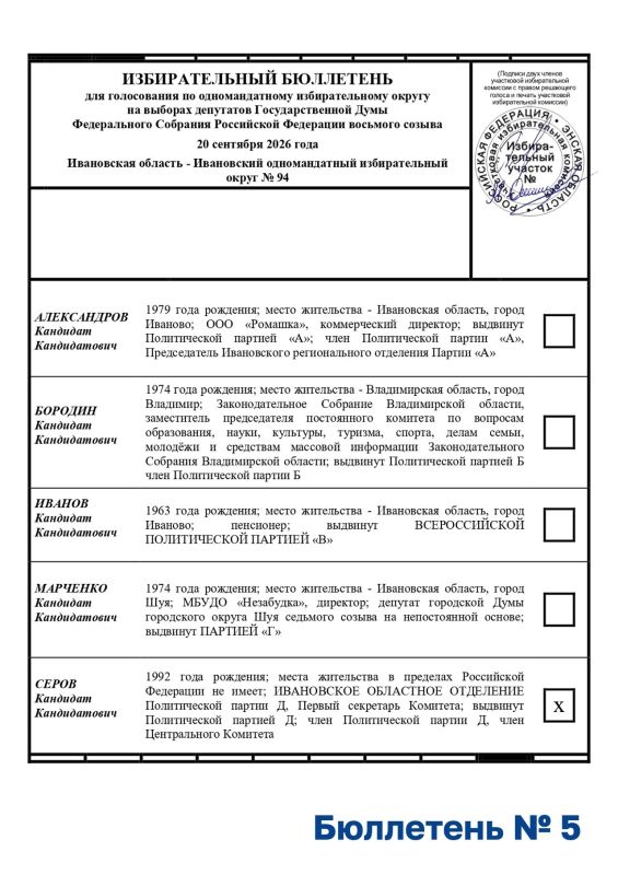 Мы подготовили пять бюллетеней, и лишь один из них действительный Мы подготовили пять бюллетеней, и лишь один из них действительный